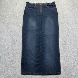 VINTAGE Bubblegum Denim Maci Skirt Womens 7/8 Blue Dark Wash Jean Side Slit USA